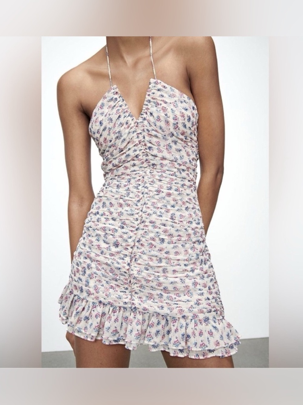 Zara White Floral Metallic Shirred Ruffle halter Tie Mini Dress Large